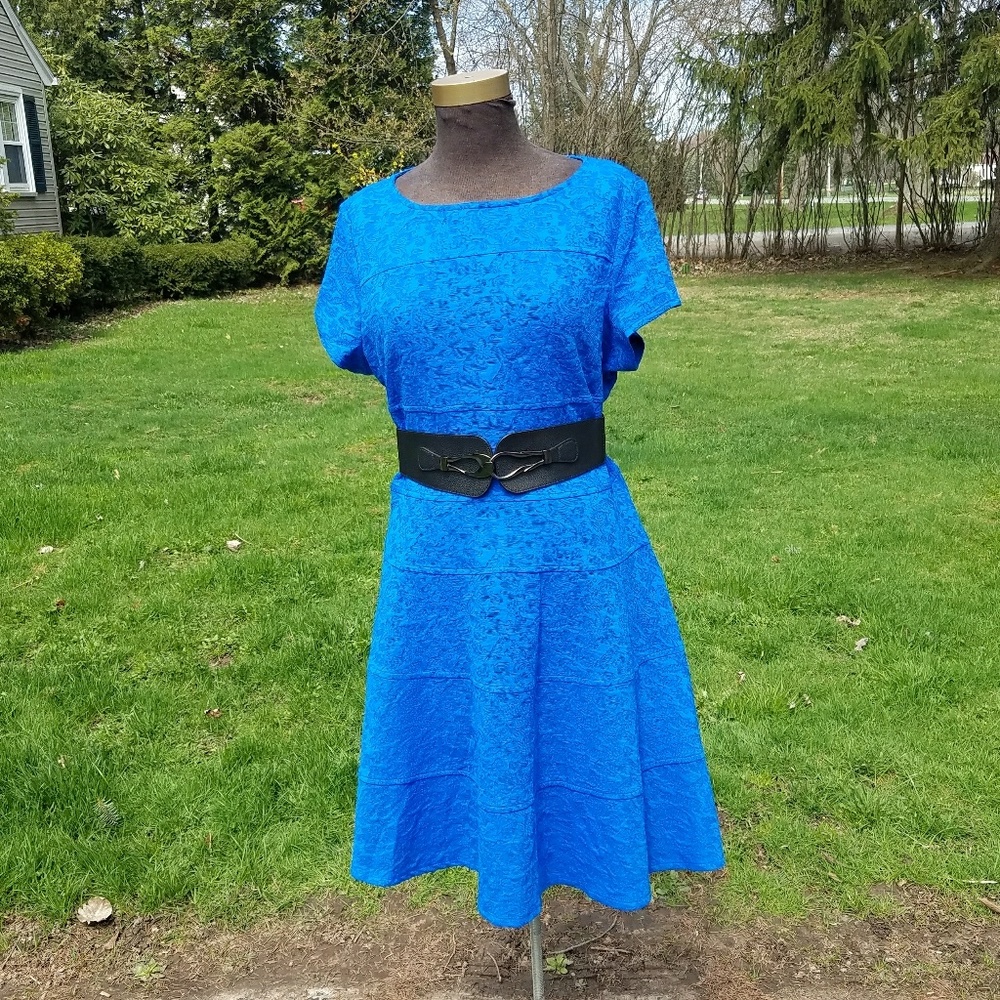 Royal Blue Fit and Flare Dress with Floral Detailing